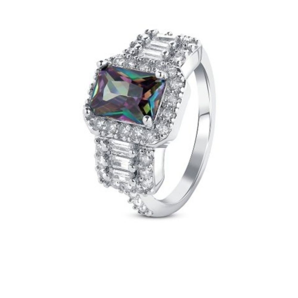 Rainbow emerald cut engagement ring